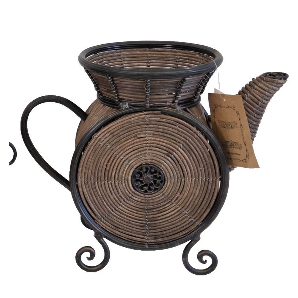 Vintage World Market Handmade Wicker & Metal Teapot Basket NWT 2000-2015 Era